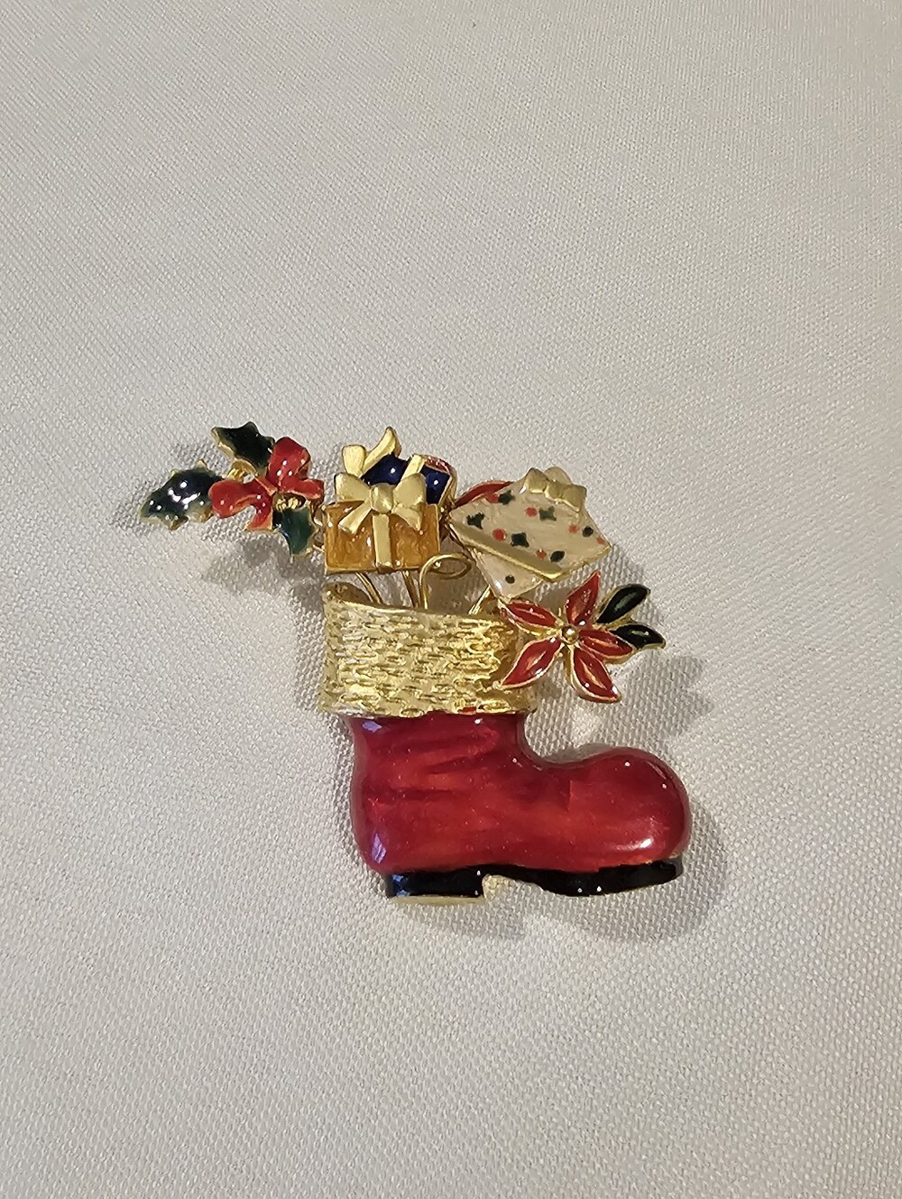 Vintage Holiday Red Boot Brooch with Gold Accents